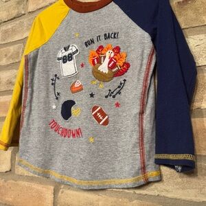 Mud Pie Kids Long Sleeve Sports Thanksgiving Shirt - Gray, Yellow, Blue